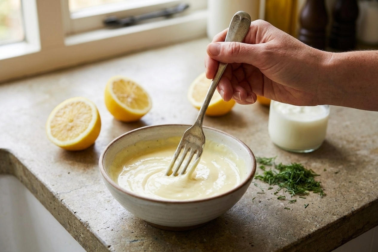 A small bowl of creamy lemon yogurt sauce being whisked with a fork on a stone countertop