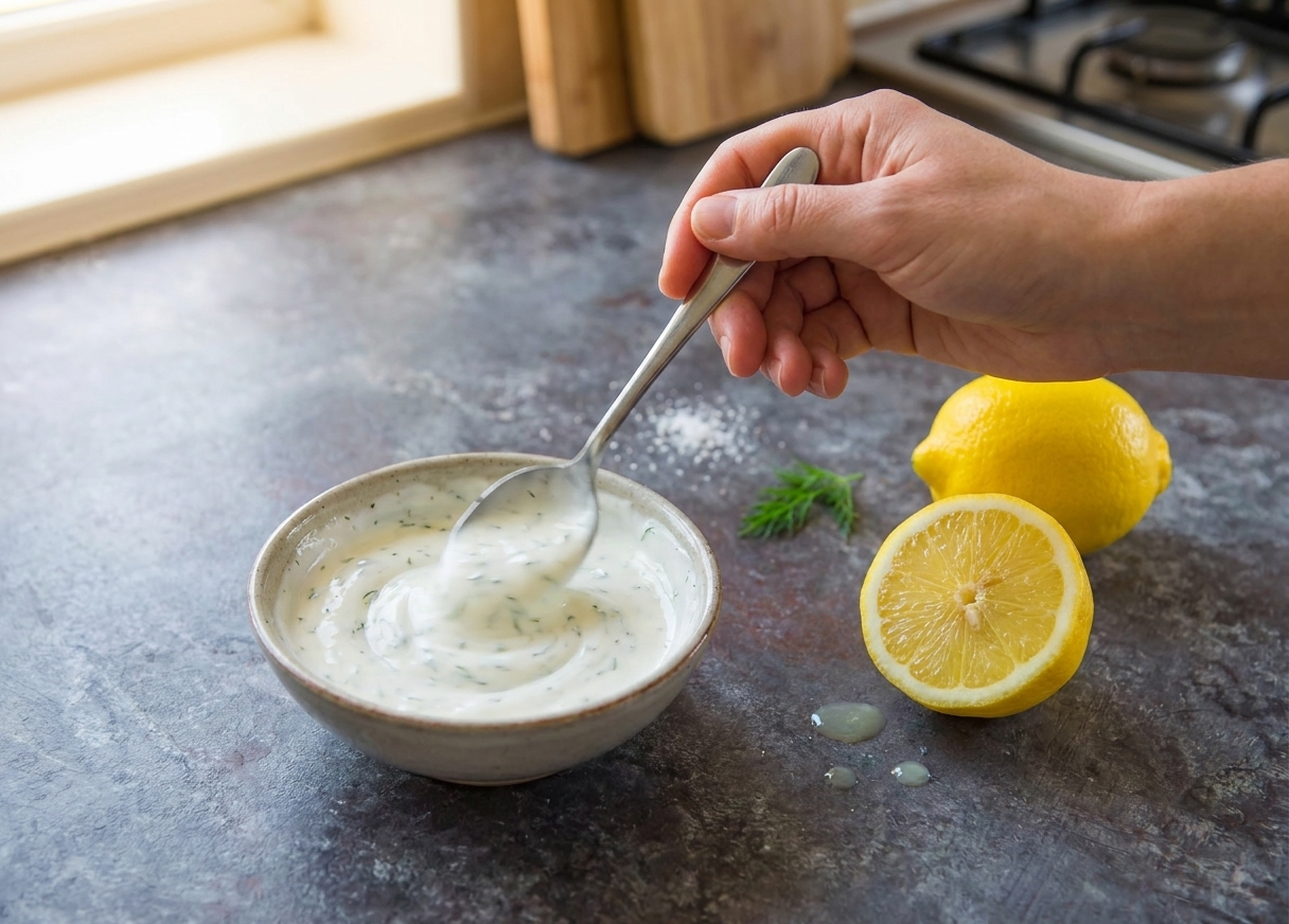 A small bowl of creamy lemon yogurt sauce being whisked with a spoon on a kitchen counter with a halved lemon nearby