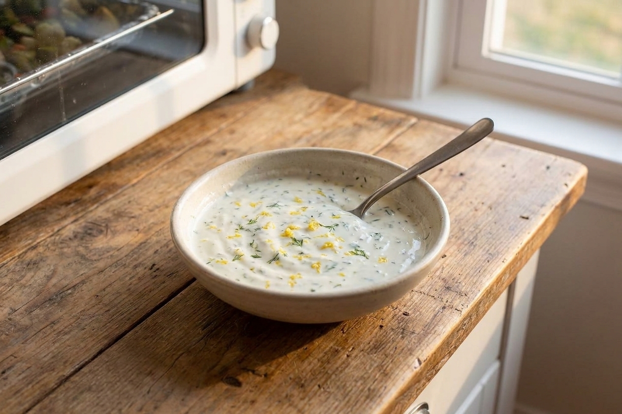 A small bowl of creamy lemon yogurt sauce with visible zest and herbs on a kitchen counter next to a spoon