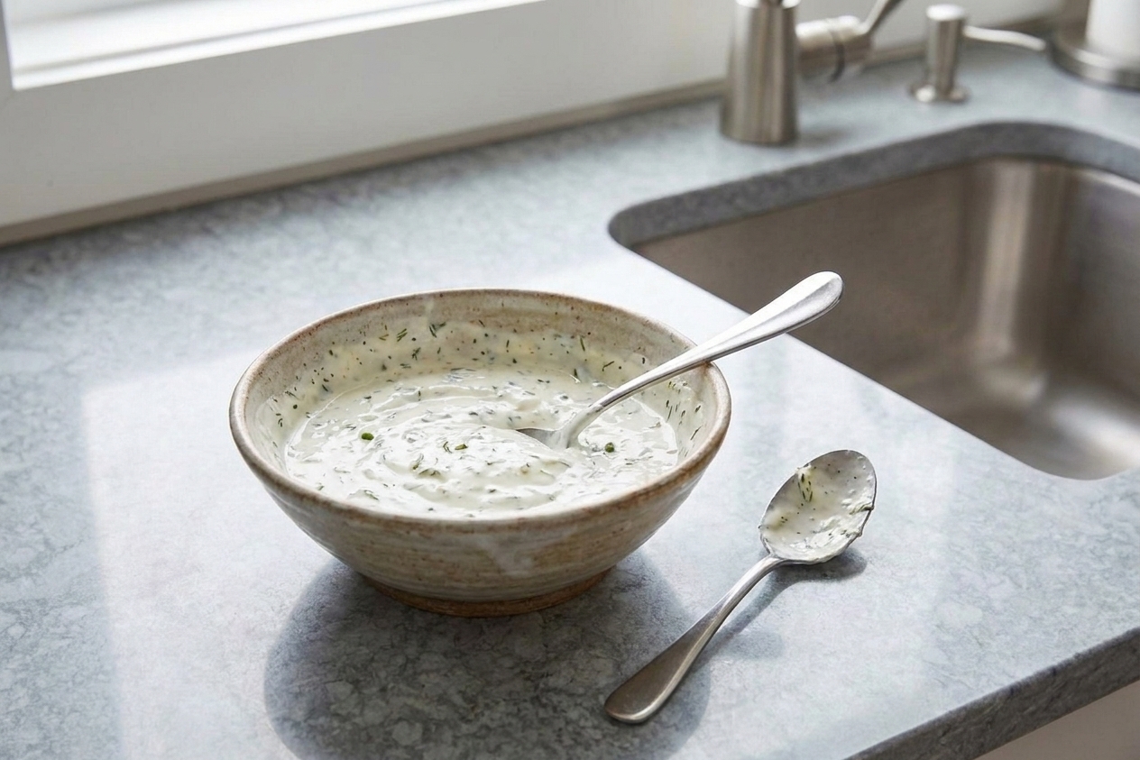 A small bowl of creamy lemon yogurt sauce with visible herb flecks on a kitchen counter next to a spoon