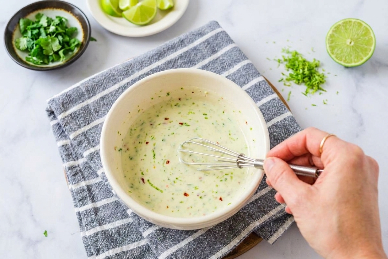 A small bowl of creamy lime chili dressing being whisked with visible lime zest on a kitchen counter