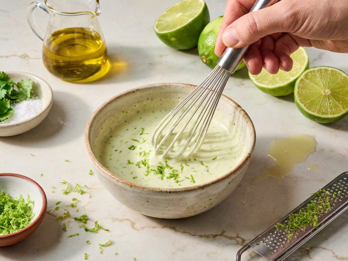 A small bowl of creamy lime dressing being whisked, with lime zest and juice visible on a kitchen counter