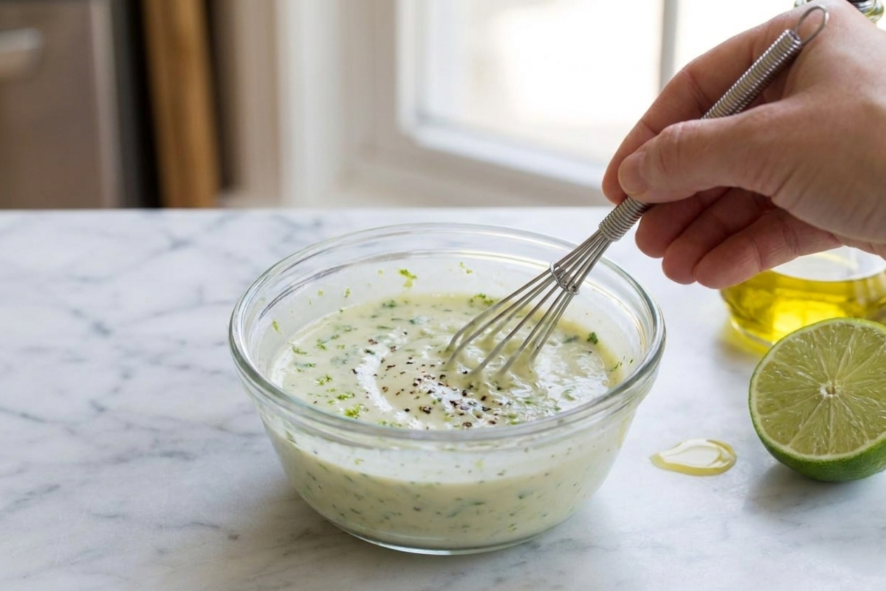 A small bowl of creamy lime dressing being whisked with a metal whisk on a light kitchen counter