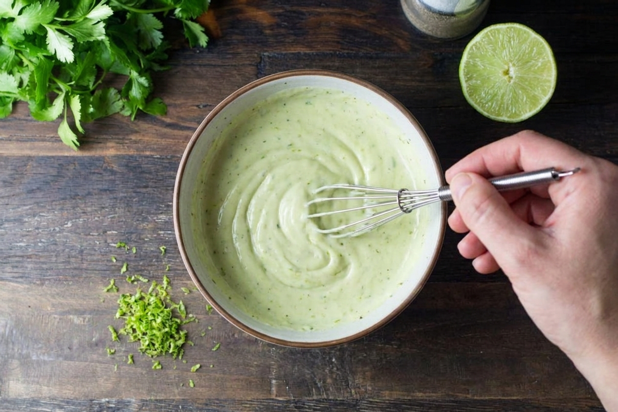 A small bowl of creamy lime dressing being whisked until smooth on a kitchen counter