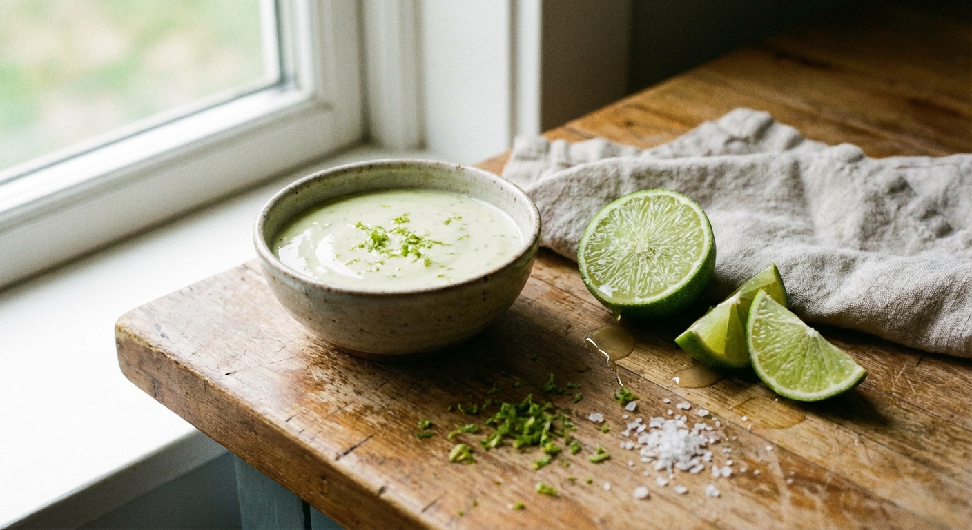 A small bowl of creamy lime sauce next to a cut lime on a countertop