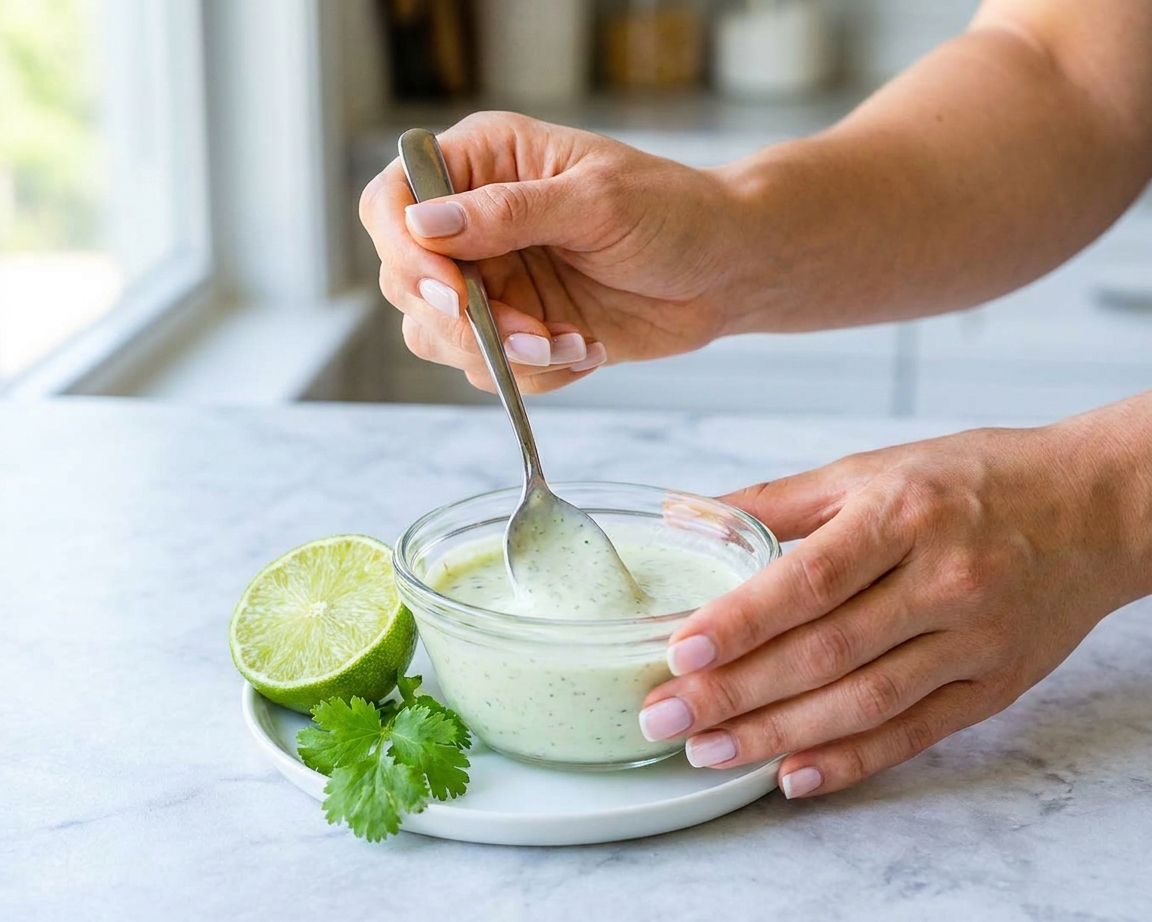 A small bowl of creamy lime yogurt sauce being stirred with a spoon on a kitchen counter, with a cut lime and cilantro nearby