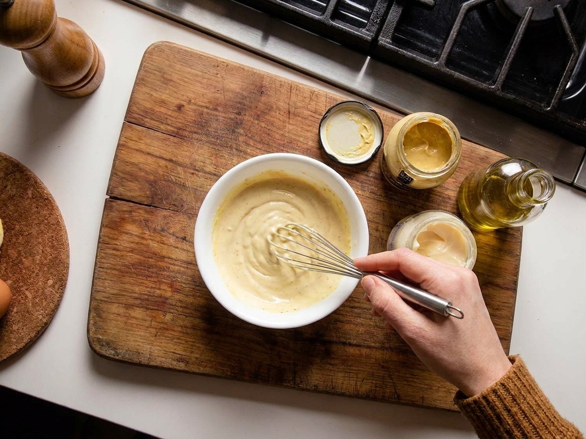 A small bowl of creamy mustard-mayo dressing being whisked on a kitchen counter