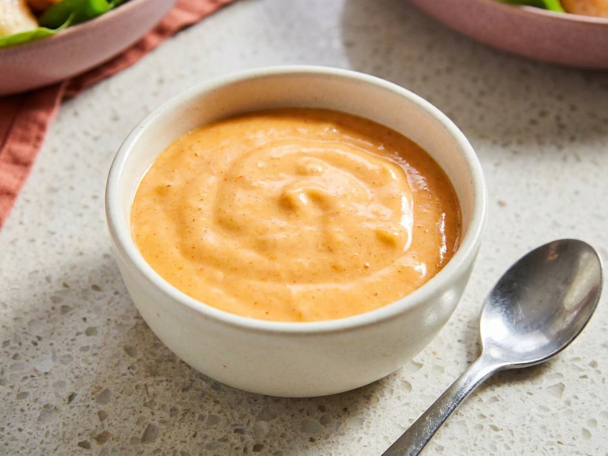 A small bowl of creamy orange Bang Bang sauce with a spoon resting beside it on a neutral stone countertop
