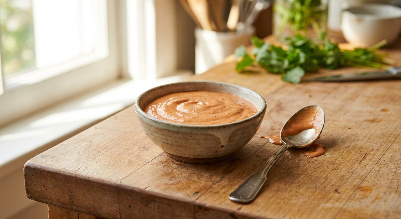 A small bowl of creamy orange boom boom sauce on a wooden kitchen counter with a spoon resting beside it, natural window light, shallow depth of field, photorealistic food photography