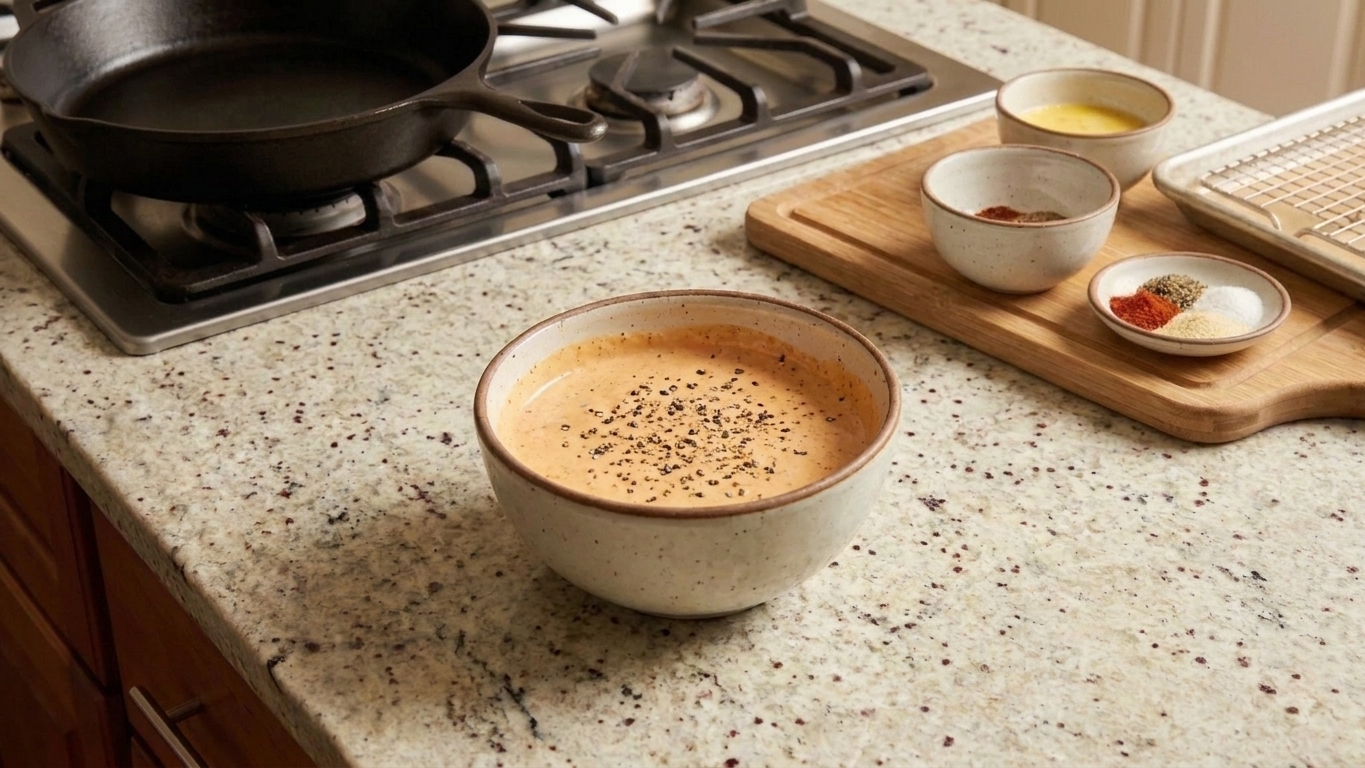 A small bowl of creamy orange-tinted dipping sauce with visible black pepper on a kitchen counter