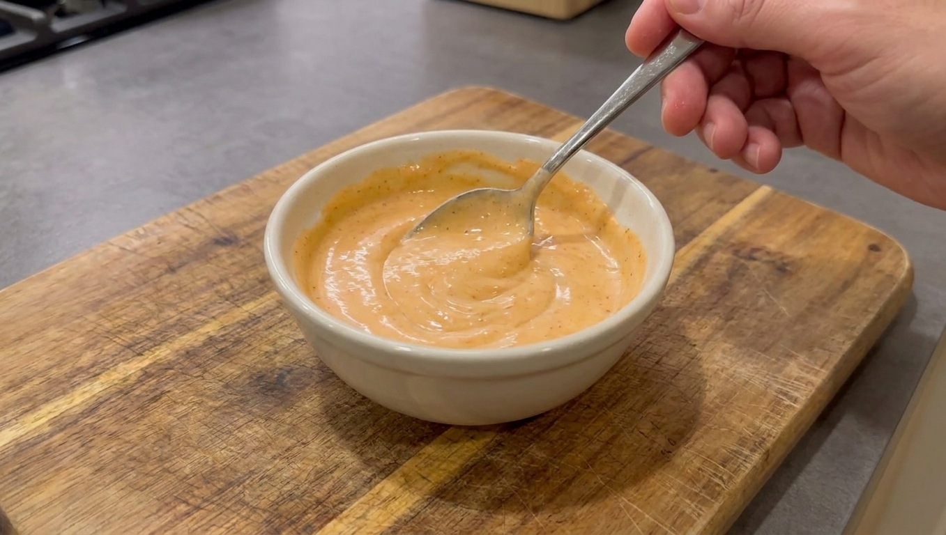 A small bowl of creamy orange-tinted dipping sauce being stirred with a spoon on a wooden cutting board