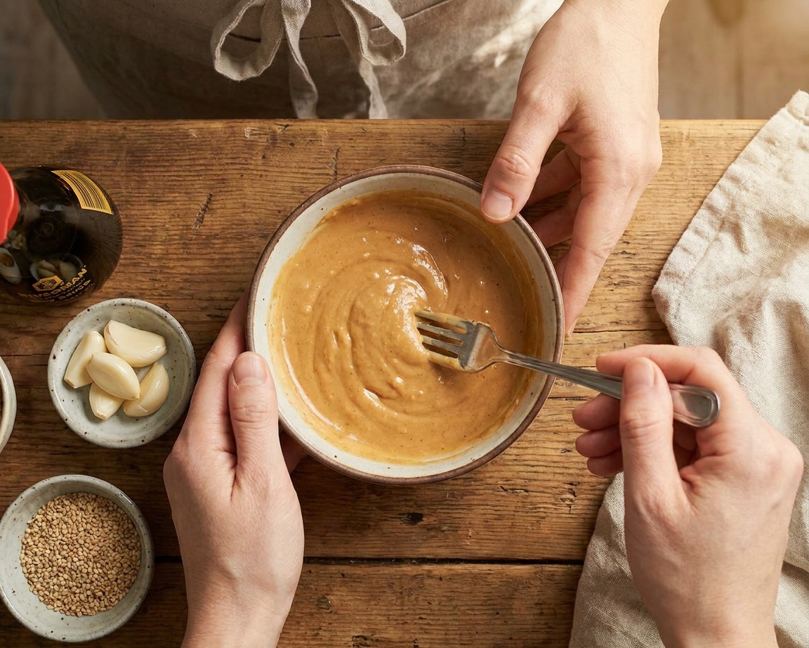 A small bowl of creamy peanut ramen sauce being whisked with a fork on a kitchen counter next to garlic and soy sauce
