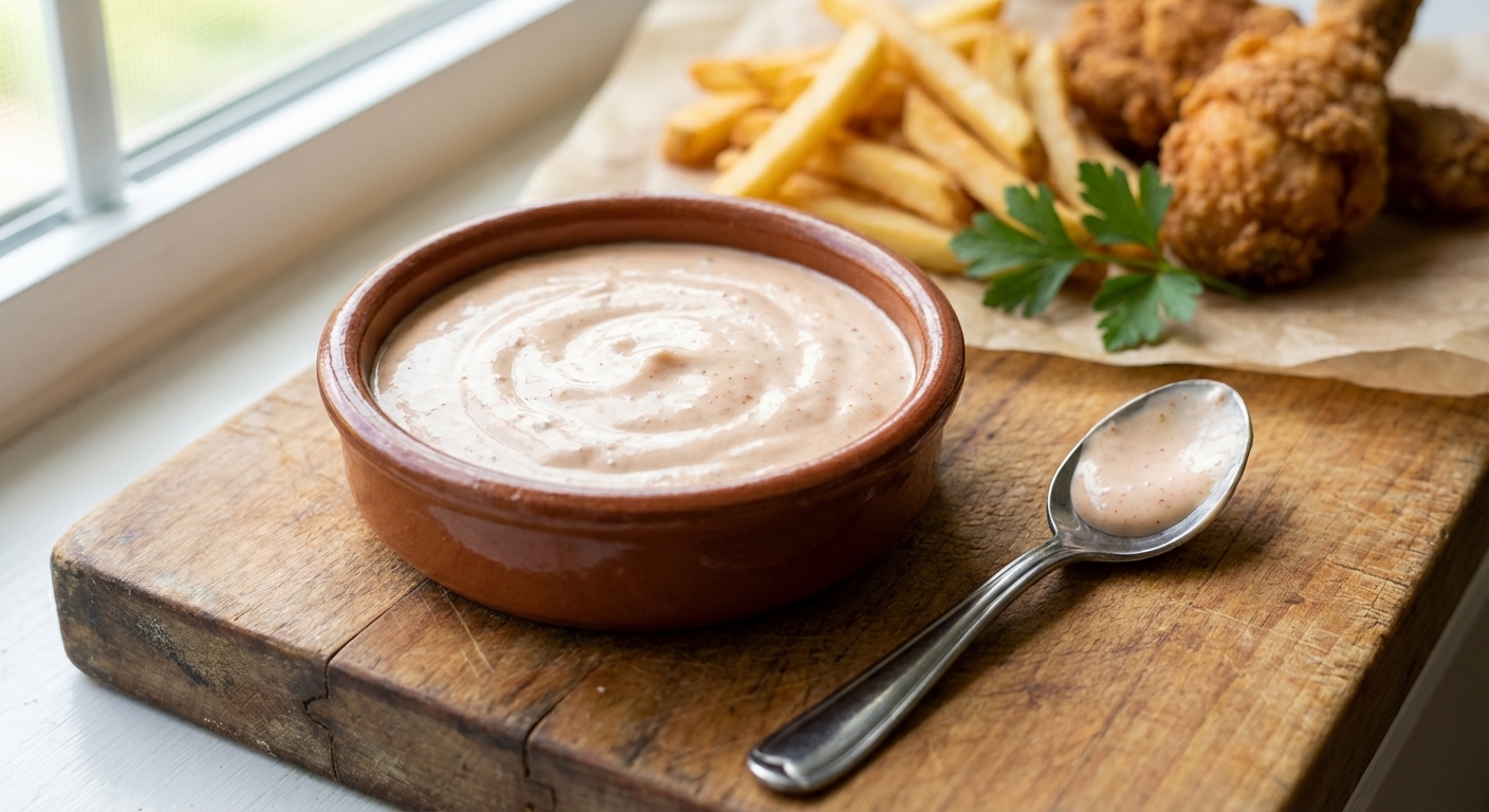 A small bowl of creamy pink Southern comeback sauce on a wooden cutting board with a spoon beside it, golden French fries and fried chicken in soft focus in the background, natural window light, photorealistic food photography