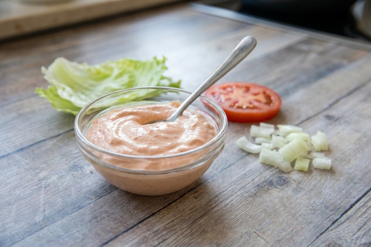 A small bowl of creamy pinkish In-N-Out style spread on a wooden counter with a spoon and a few burger ingredients nearby