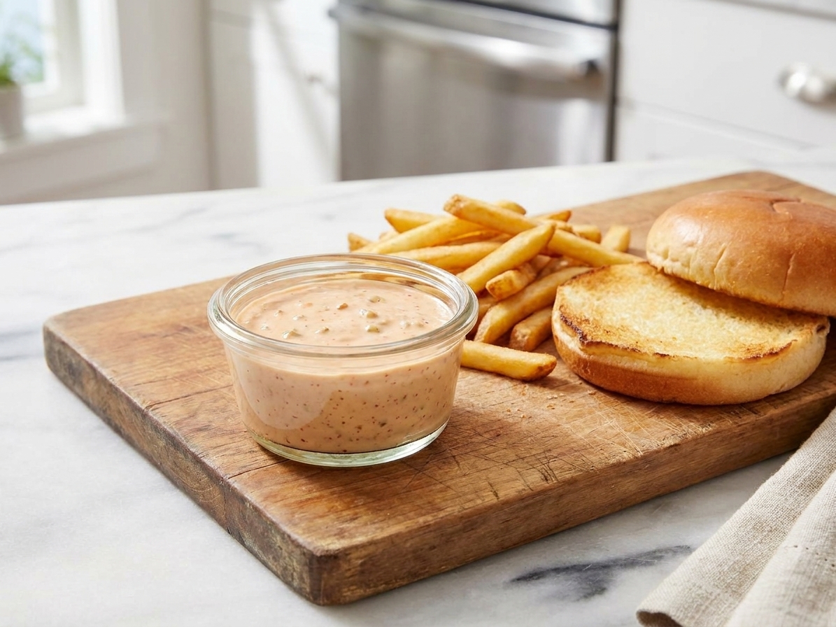 A small bowl of creamy pinkish burger sauce with visible pickle relish, set on a wooden cutting board beside fries and a burger bun on a bright kitchen counter