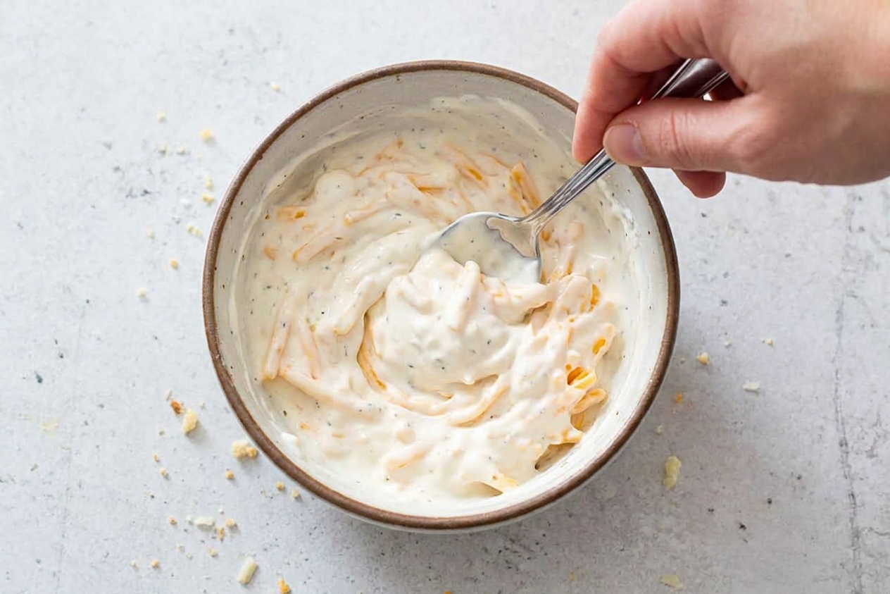 A small bowl of creamy ranch and cheese mixture being stirred with a spoon on a kitchen counter