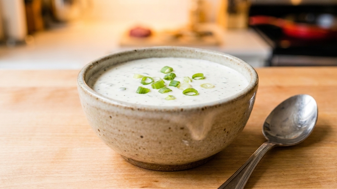 A small bowl of creamy ranch-style-sauce with green onion slices mixed in, sitting beside a spoon on a kitchen counter