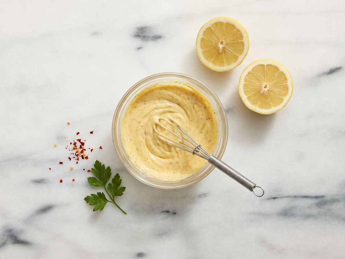 A small bowl of creamy remoulade being whisked on a clean kitchen counter with lemon halves nearby