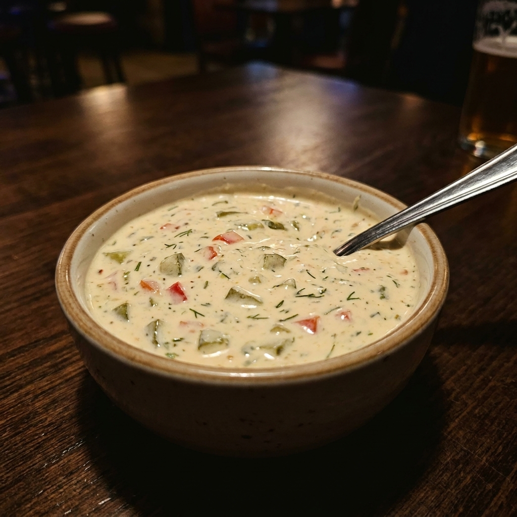 A small bowl of creamy remoulade with visible chopped pickles and herbs, a spoon resting on the rim, close-up food photo