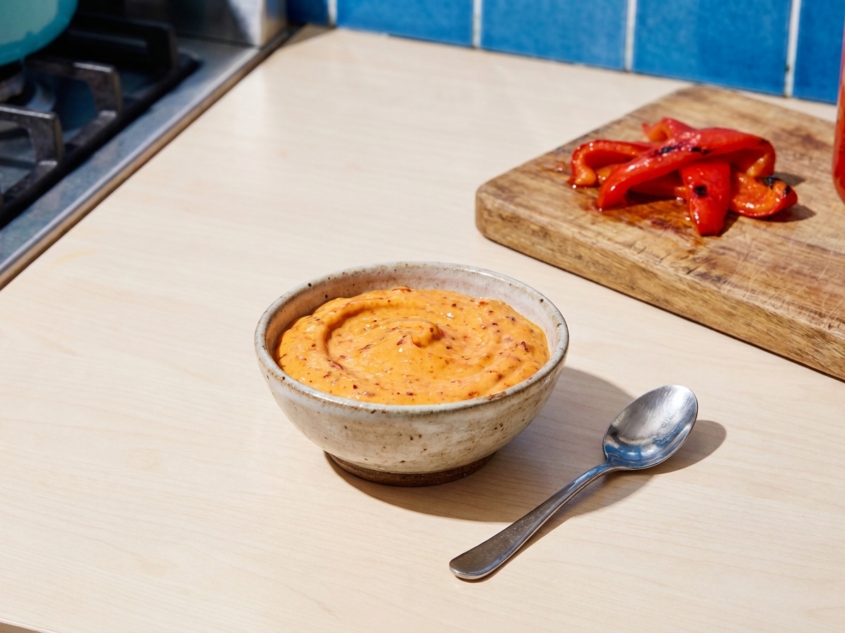 A small bowl of creamy roasted red pepper mayo on a light kitchen counter, with a spoon resting beside it and a few roasted red pepper strips in the background