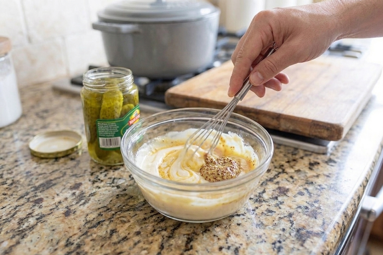 A small bowl of creamy sauce being whisked with mayonnaise, Dijon mustard, and pickle brine on a kitchen counter