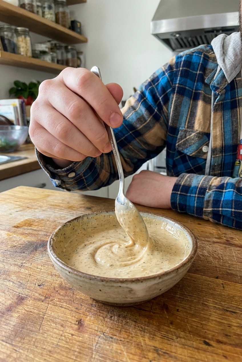 A small bowl of creamy savory dipping sauce being stirred with a spoon on a wooden counter