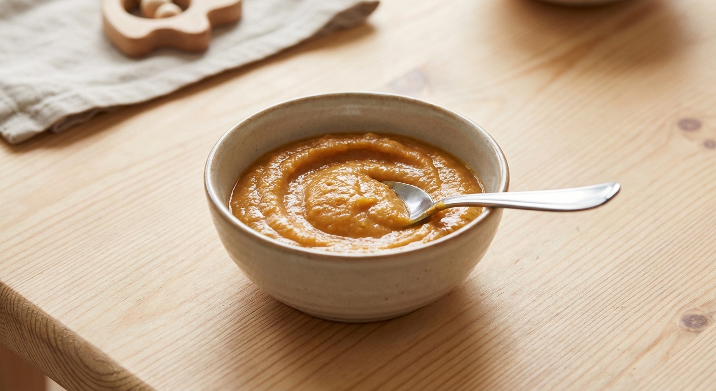 A small bowl of creamy sweet potato and oat baby puree with a spoon on a light wooden table