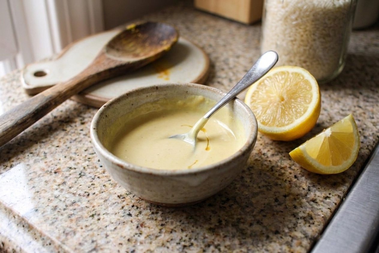 A small bowl of creamy tahini lemon sauce with a spoon on a kitchen counter next to a cut lemon