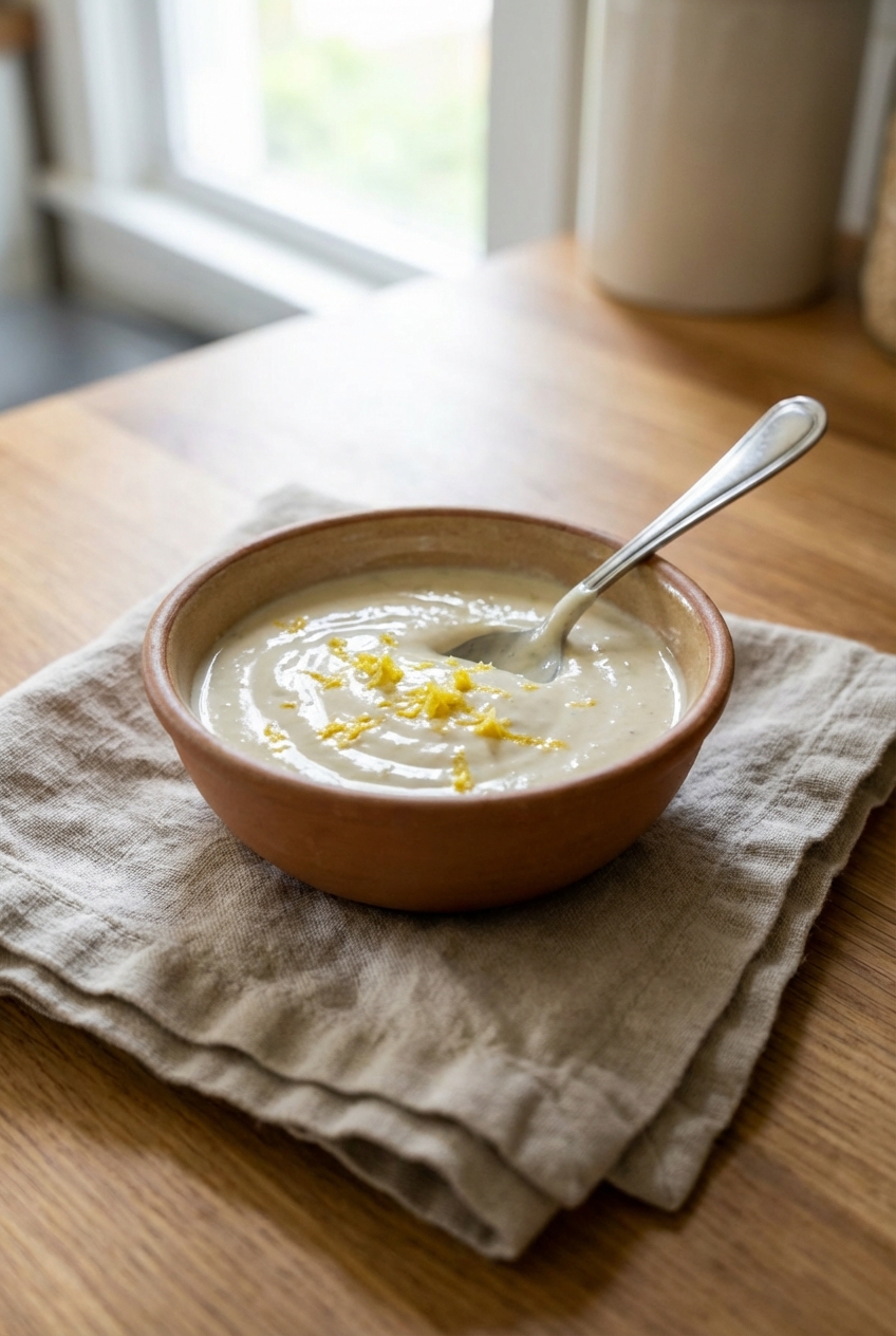 A small bowl of creamy tahini yogurt sauce with lemon zest and a spoon resting on a linen napkin