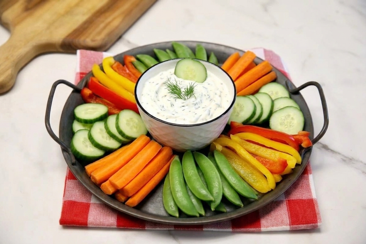 A small bowl of creamy veggie dip on a table surrounded by carrot sticks, cucumber spears, bell pepper strips, and snap peas, ready for serving