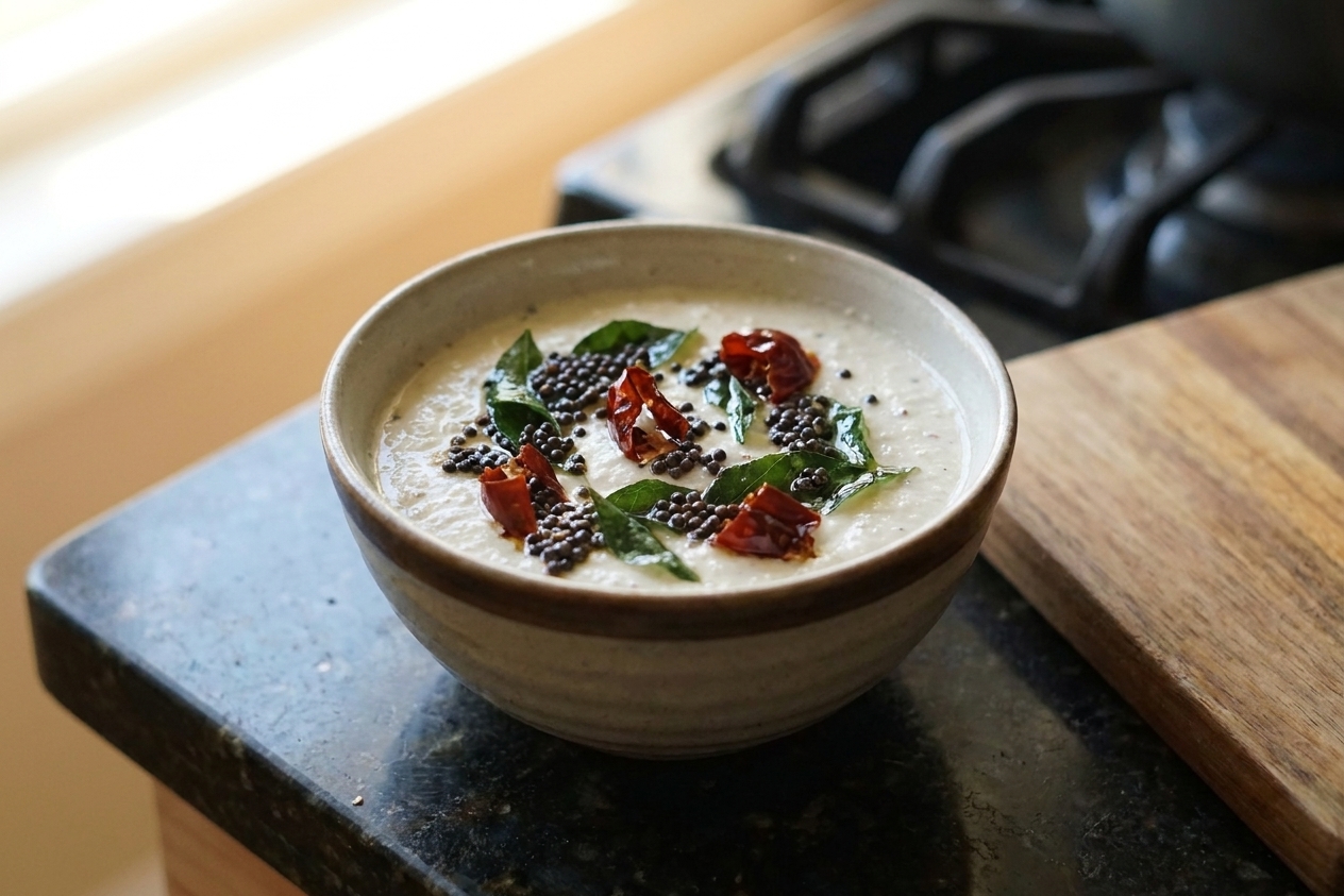 A small bowl of creamy white coconut chutney topped with black mustard seeds, curry leaves, and a few pieces of dried red chile on a warm-toned kitchen counter, soft natural light