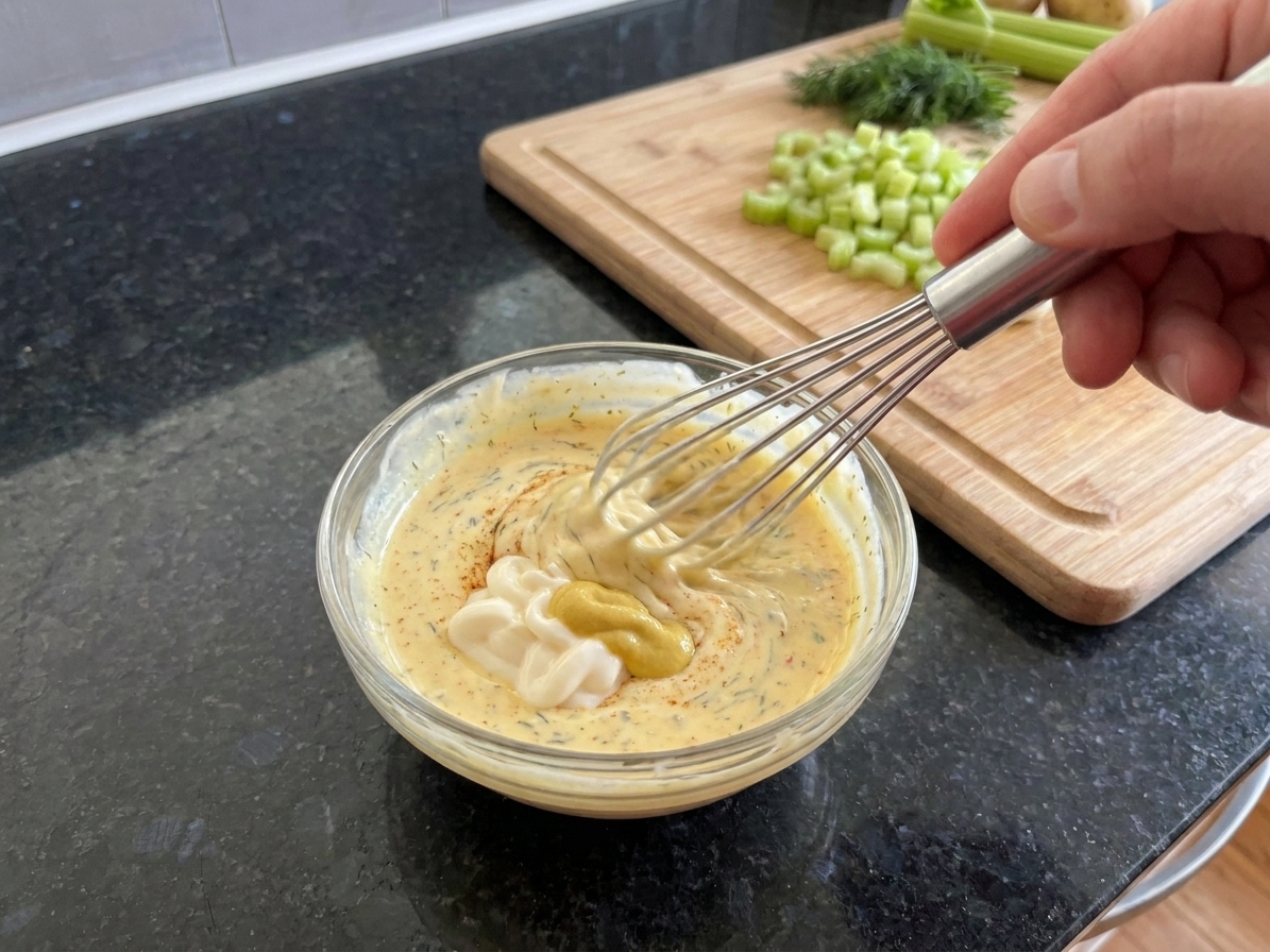 A small bowl of creamy yellow dressing being whisked with mayonnaise and mustard on a kitchen counter