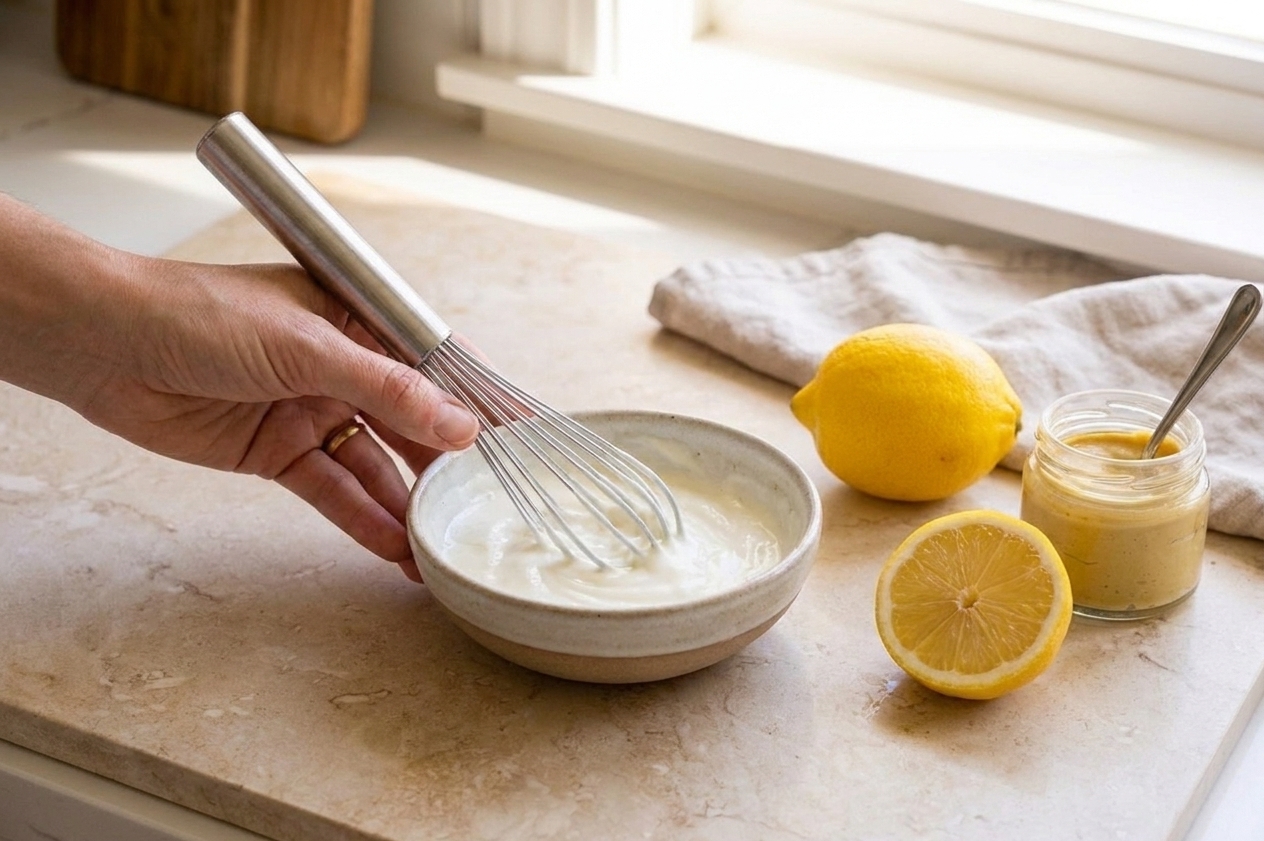 A small bowl of creamy yogurt dressing being whisked with a metal whisk on a stone countertop, with lemon and mustard nearby