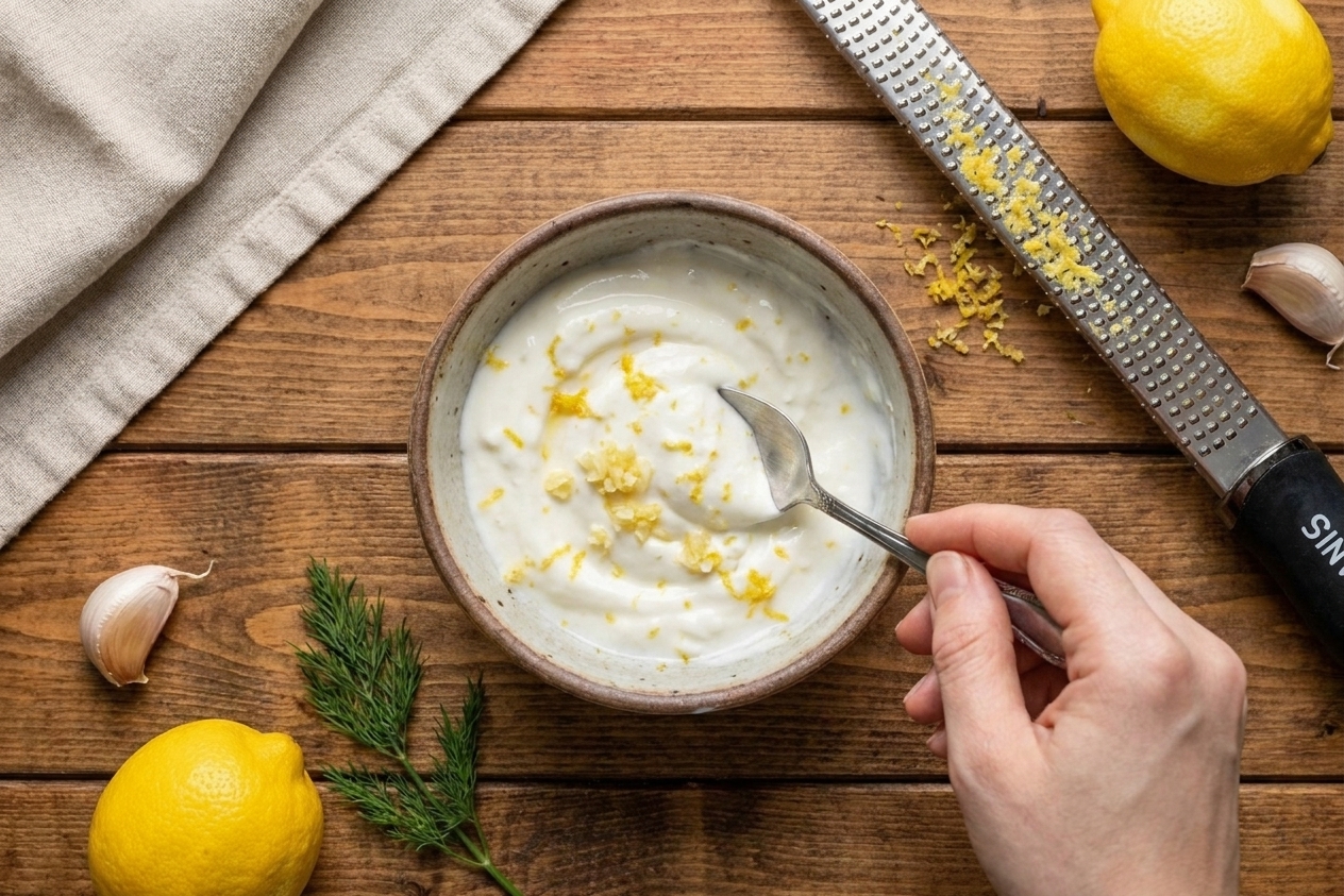 A small bowl of creamy yogurt sauce being stirred with grated garlic and lemon zest on a kitchen counter