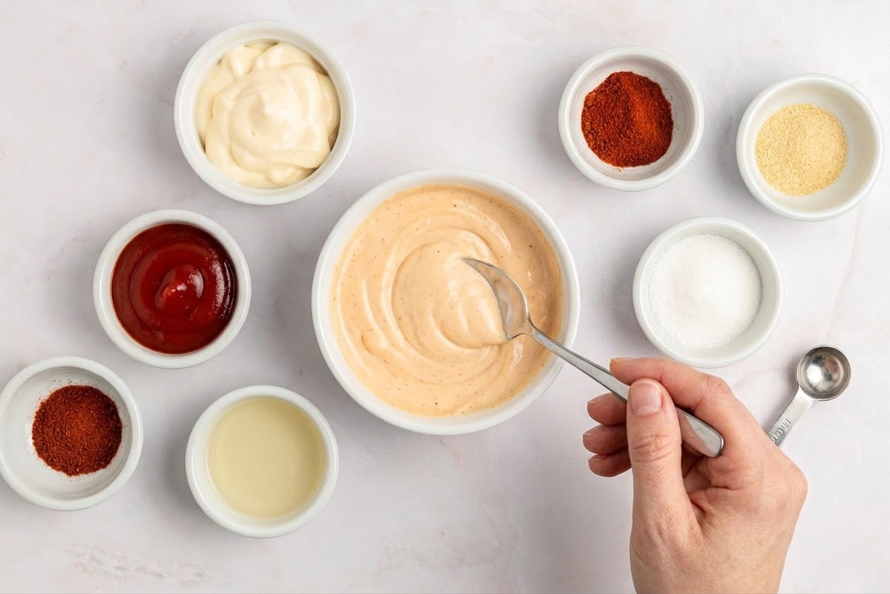 A small bowl of creamy yum yum sauce being stirred with a spoon on a kitchen counter next to measured ingredients