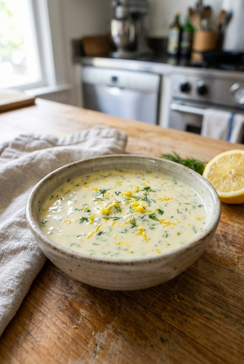 A small bowl of creamy zesty sauce with lemon zest and chopped herbs on a kitchen counter