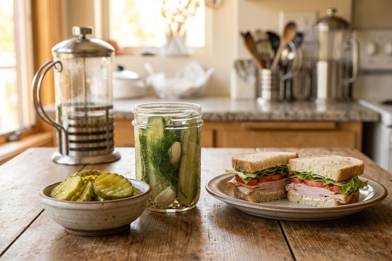 A small bowl of crisp dill pickle chips beside the open jar on a kitchen table setting with a sandwich plate