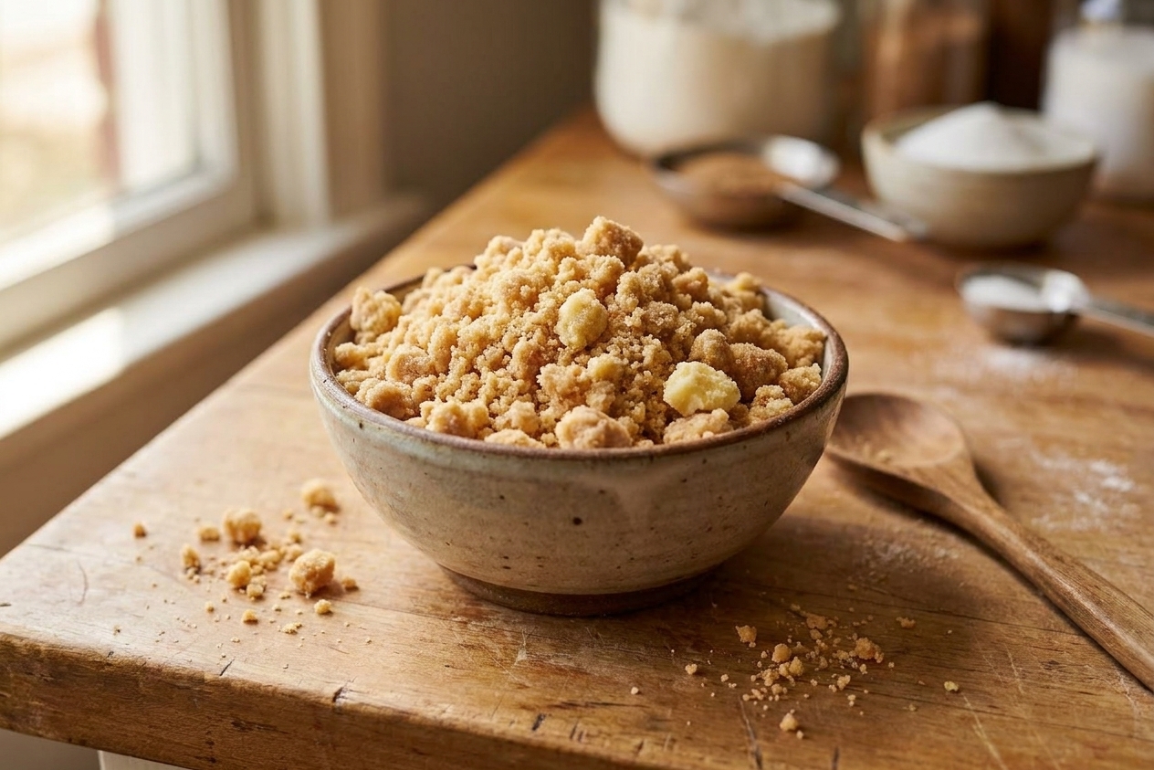 A small bowl of crumbly streusel topping with butter clumps on a wooden kitchen counter