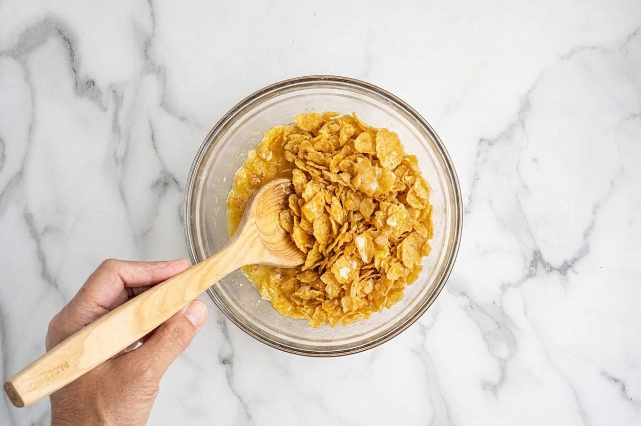 A small bowl of crushed cornflakes being mixed with melted butter, ready to sprinkle over a casserole