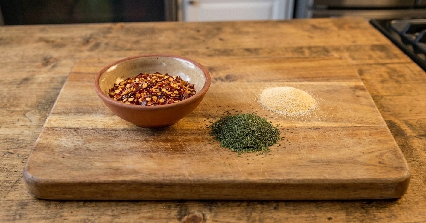 A small bowl of crushed red pepper flakes beside dried dill weed and garlic powder on a wooden cutting board on a kitchen counter