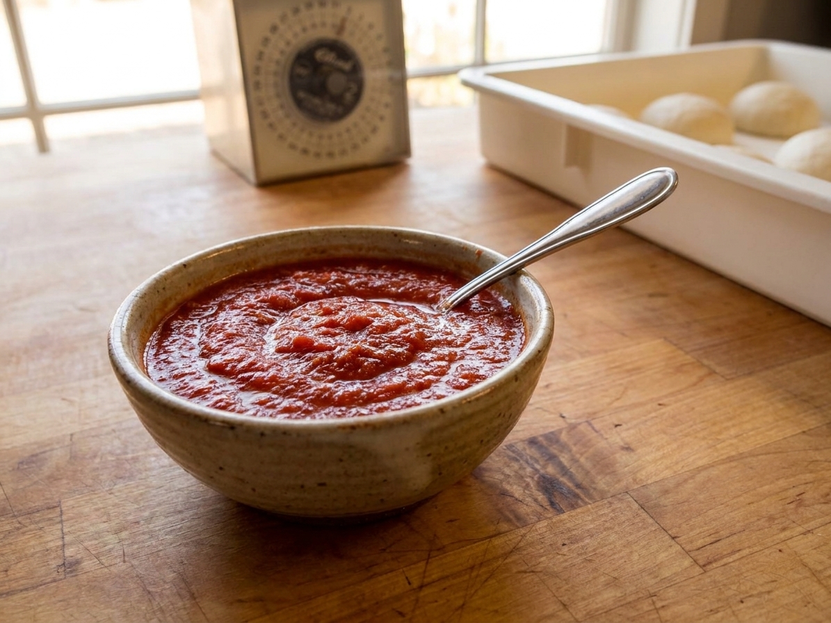 A small bowl of crushed tomato pizza sauce with a spoon resting inside on a kitchen counter