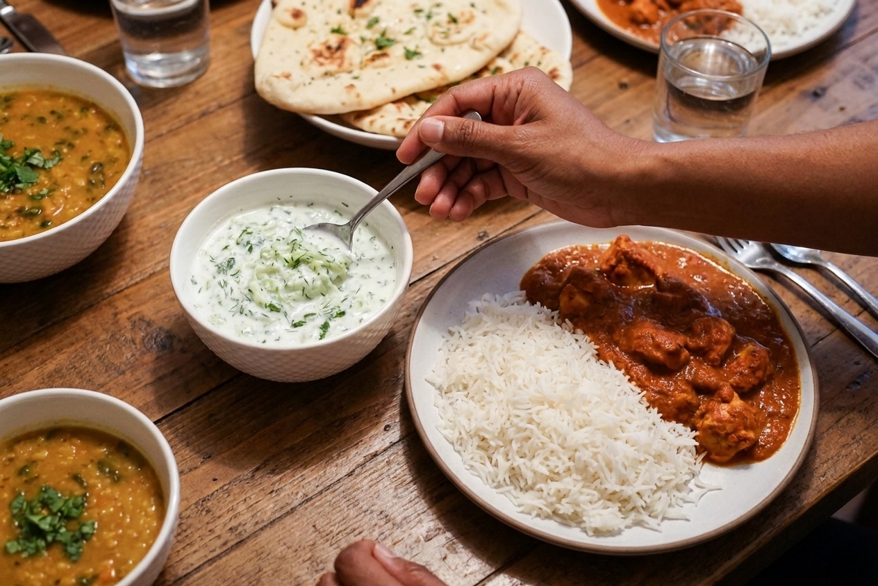 A small bowl of cucumber raita served alongside a plate of curry and fluffy rice on a casual family dinner table