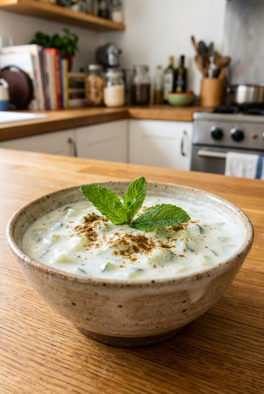 A small bowl of cucumber raita with mint on top