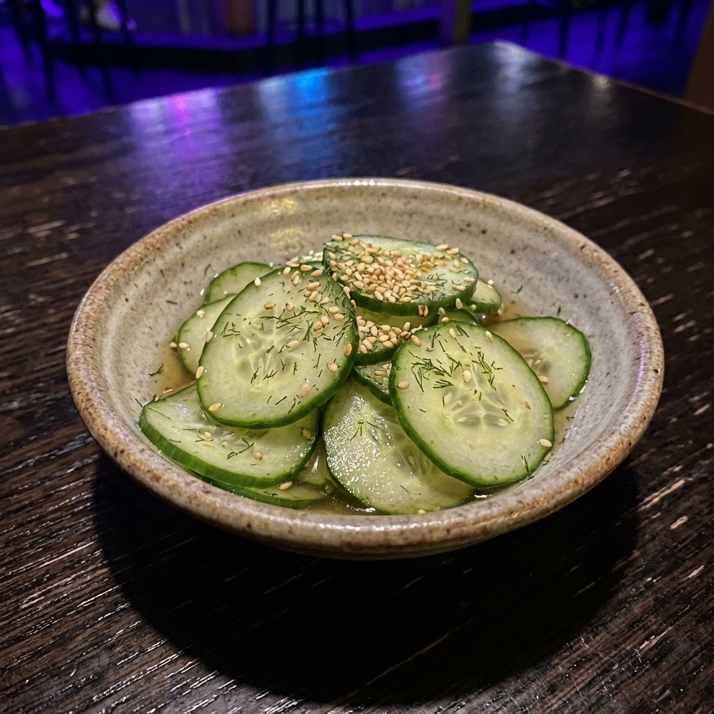 A small bowl of cucumber salad with rice vinegar and herbs