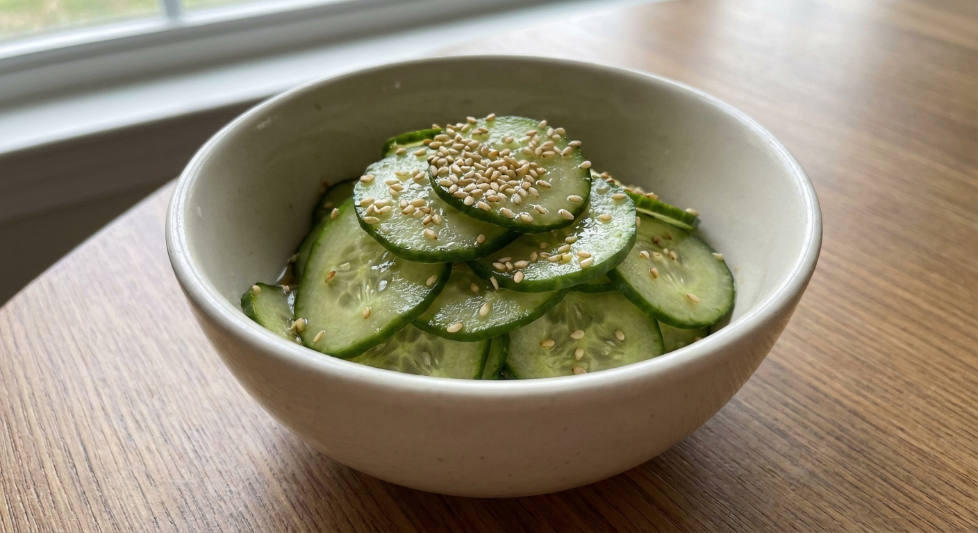 A small bowl of cucumber salad with sesame seeds and rice vinegar dressing