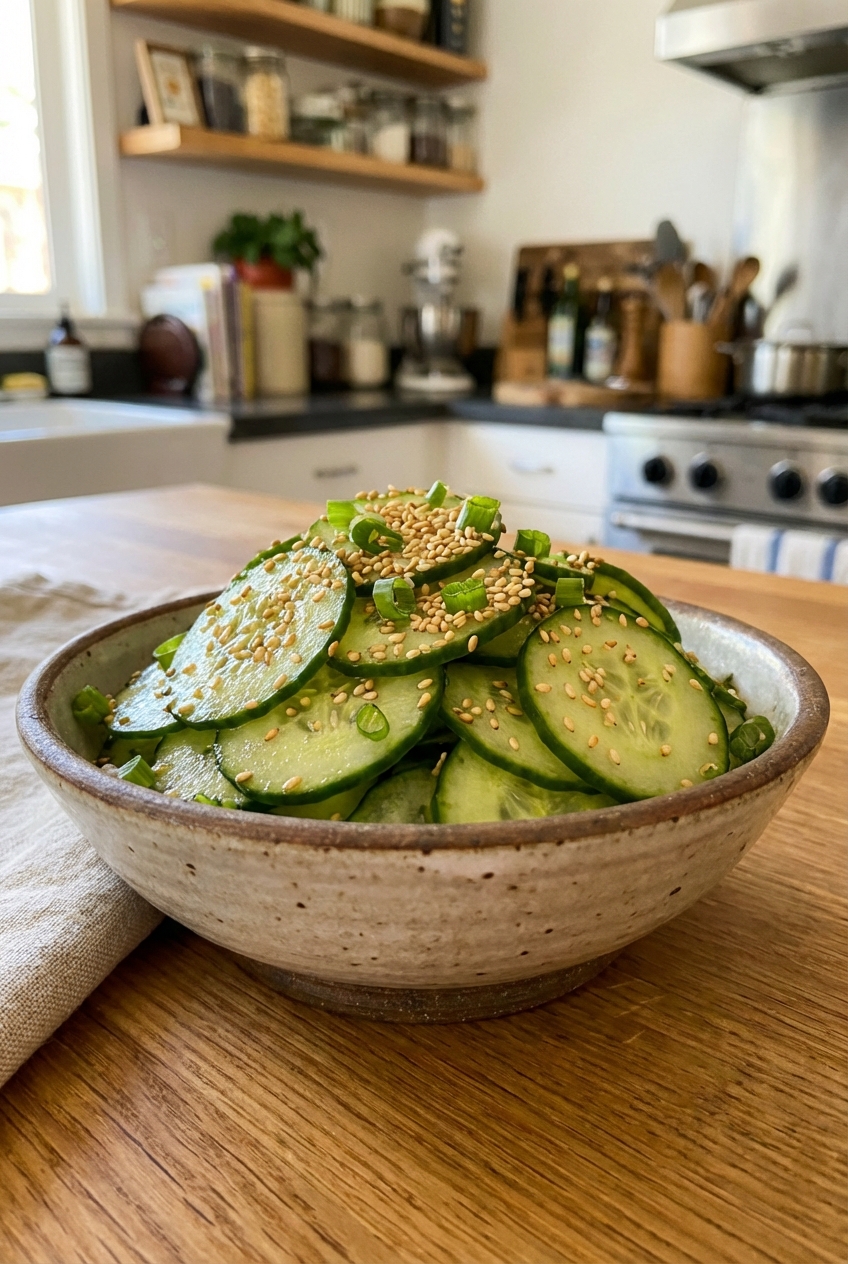 A small bowl of cucumber salad with sesame seeds and scallions