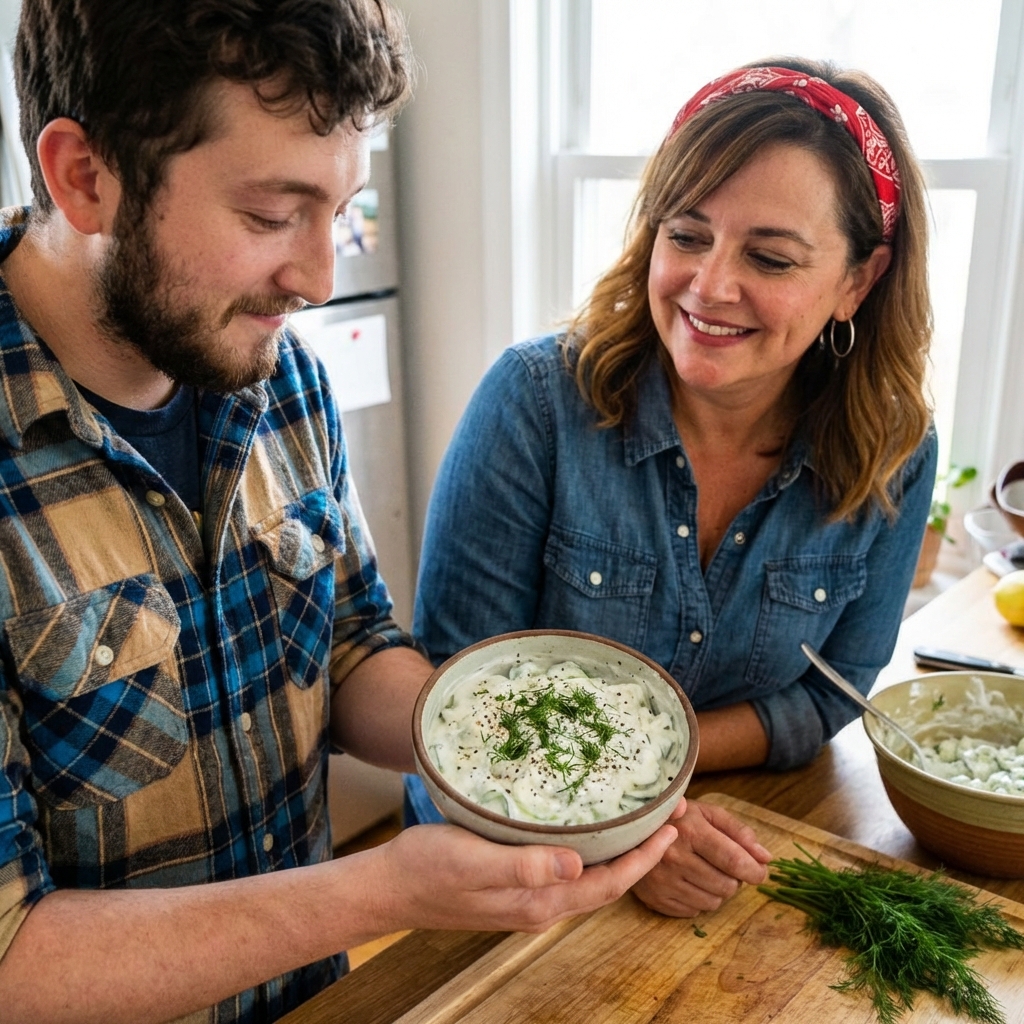 A small bowl of cucumber yogurt salad with dill and cracked black pepper