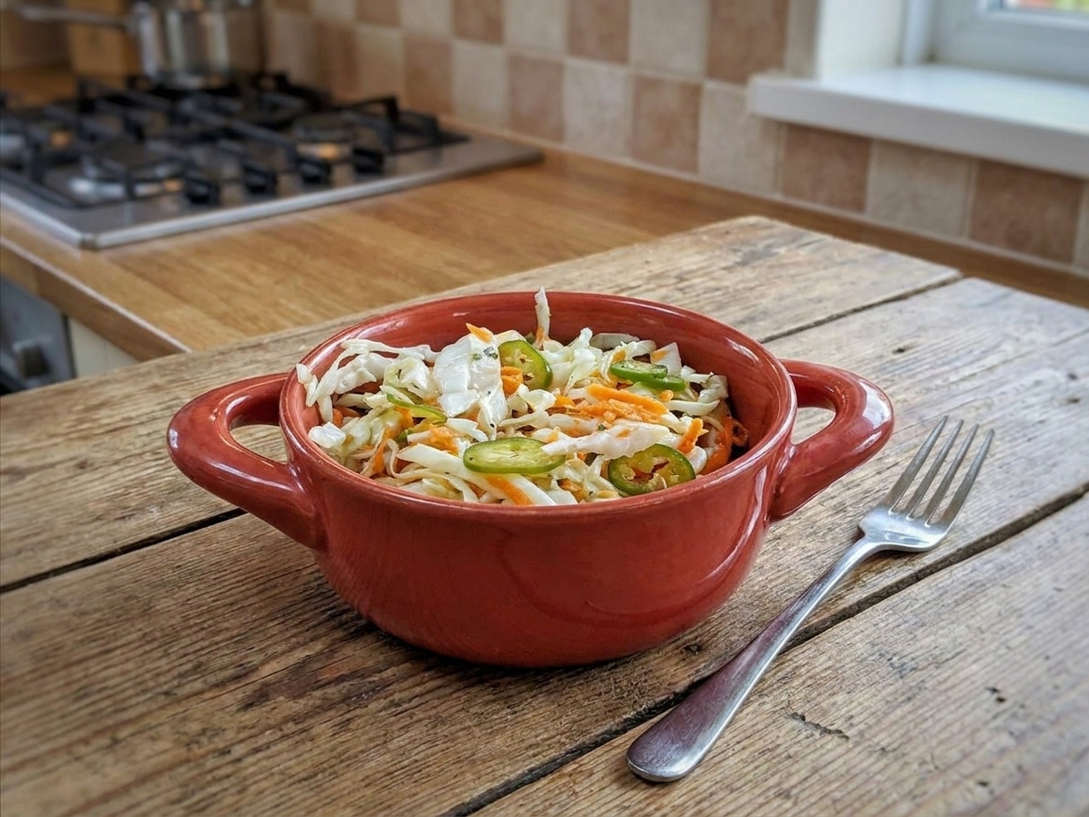 A small bowl of curtido on a simple wooden table setting with a fork nearby, ready to serve