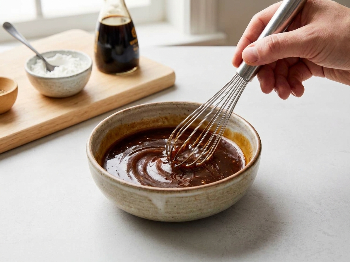 A small bowl of dark General Tso’s sauce being whisked until smooth on a kitchen counter