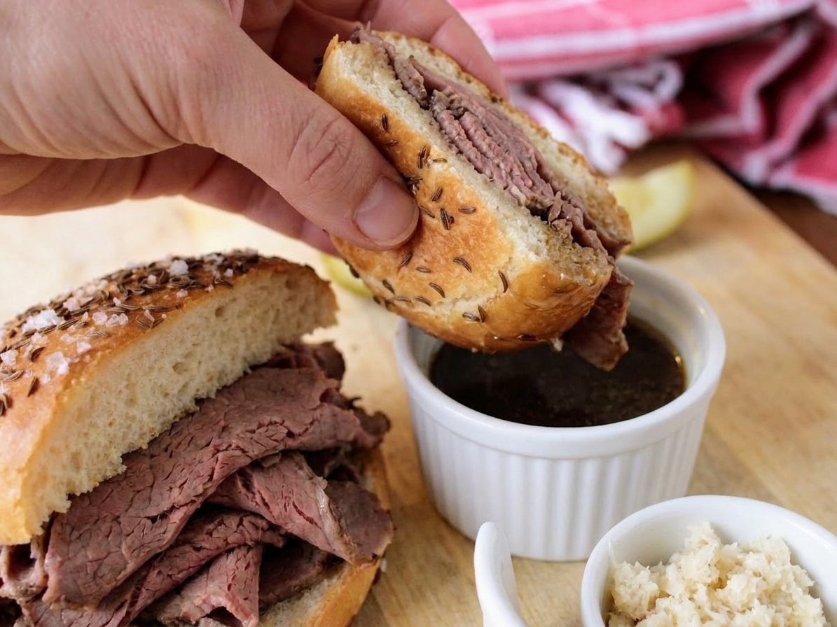 A small bowl of dark beef au jus on a table next to a roast beef sandwich, with a hand dipping the sandwich edge into the jus